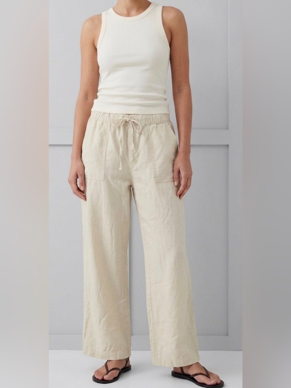 GAP High-Rise Elastic Waist Wide Leg Linen Pants - Cream